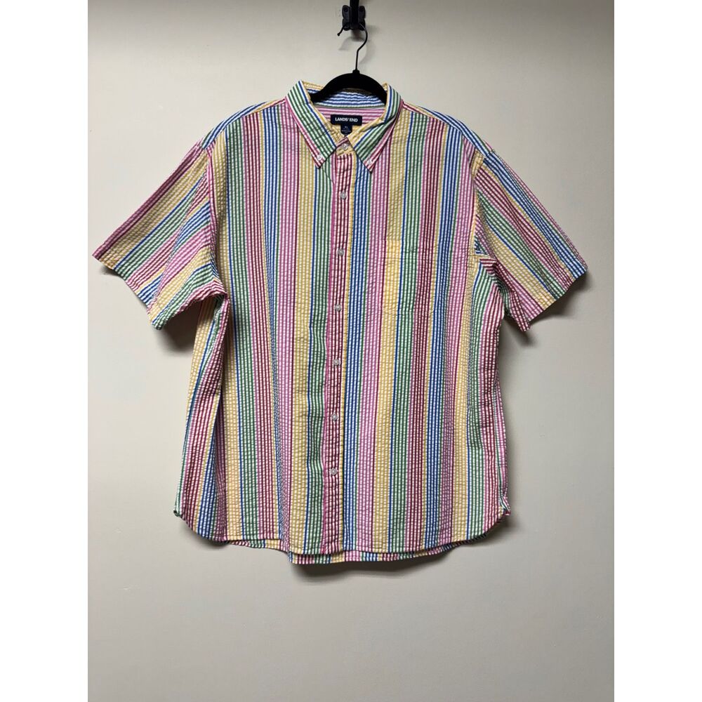 LANDS' END Seersucker Rainbow Striped Short Sleeve Button Down Cotton, Sz XL